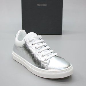 Madeleine Ladies 7.5 (38) Metallic Silver Leather White Lace-up Fashion Sneakers